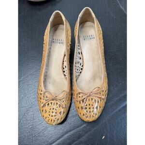 Stuart Weitzman Tan Leather Cutout Bow Ballet Flats Women Size 7 1/2